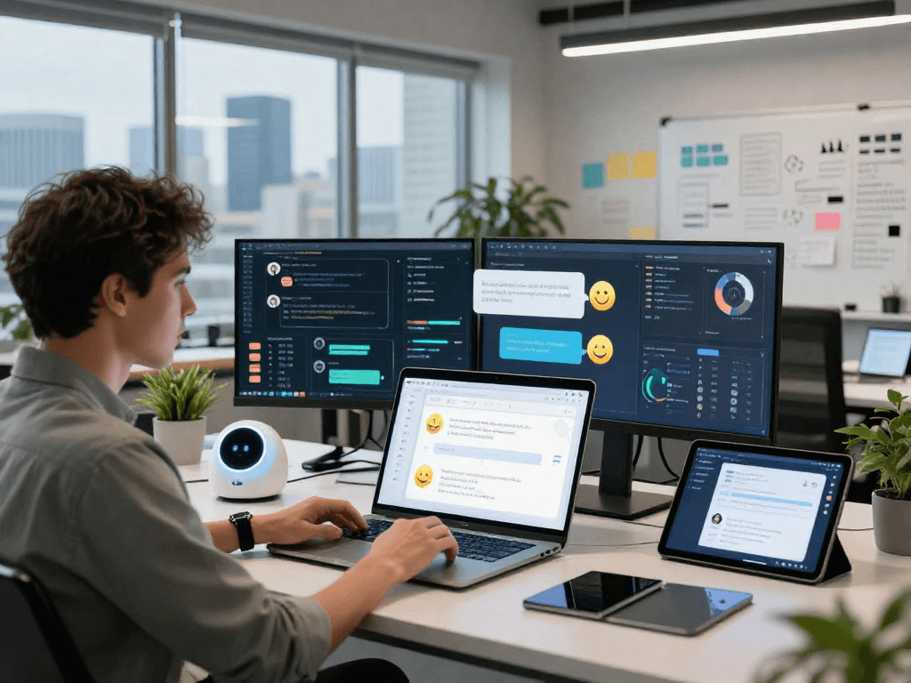 Engaging in juicy ai chat using advanced technology in a modern workspace.