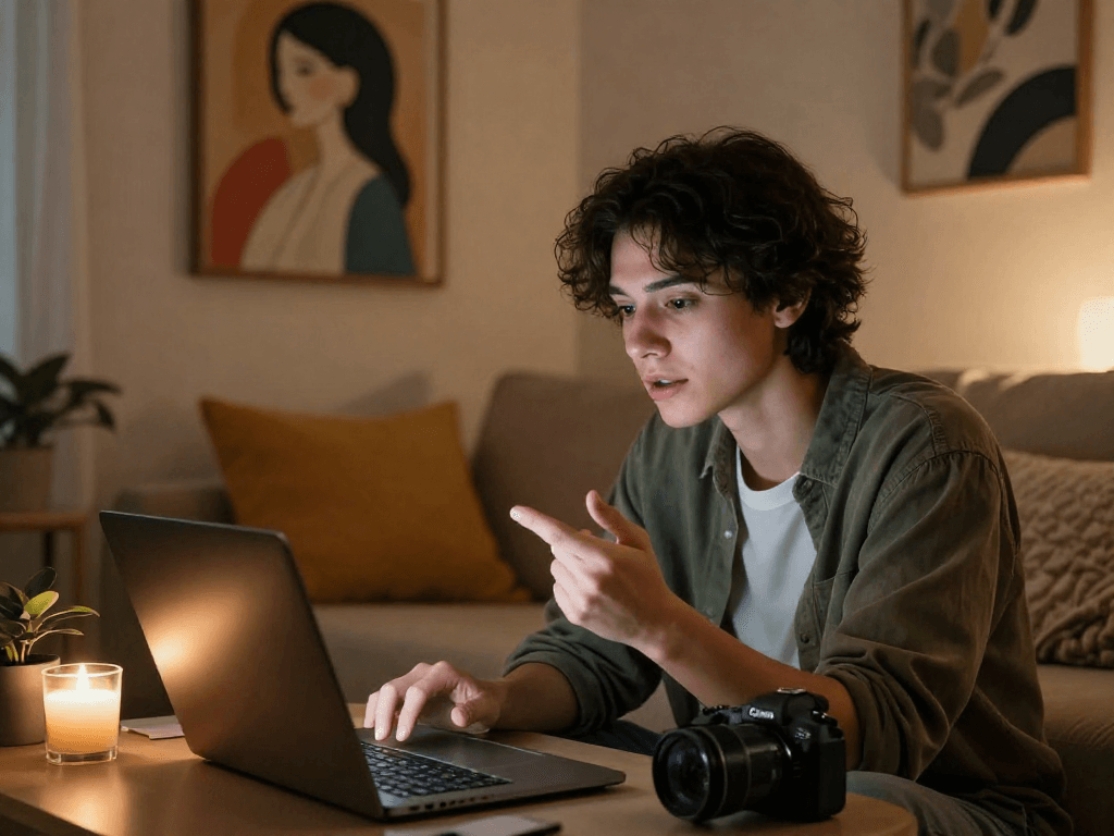 Engaging in AI sex chat on a laptop in a cozy room.