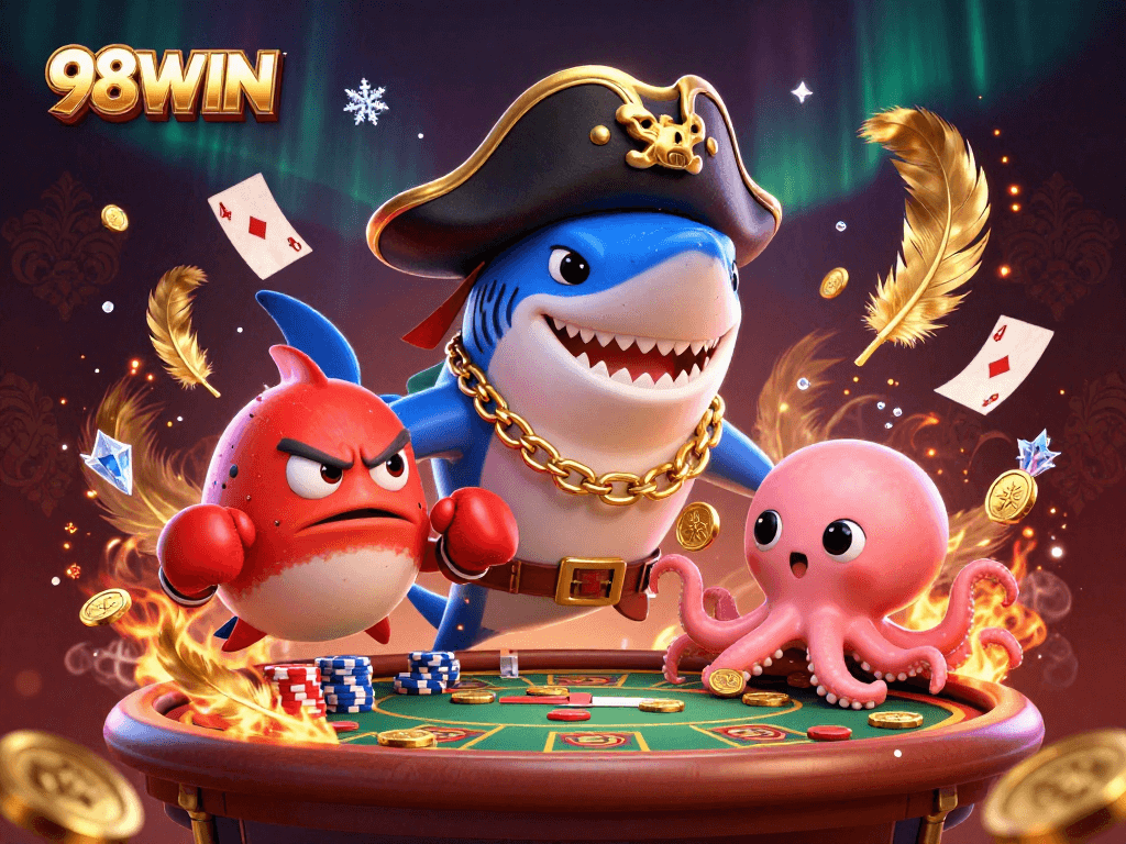 98WIN showcases a thrilling pirate-themed gaming scene featuring a shark, pufferfish, and octopus surrounded by gold coins and dynamic casino elements.