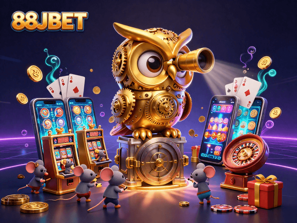 Experience thrilling gameplay at 88JBET with a dynamic scene of a golden owl and gaming elements.