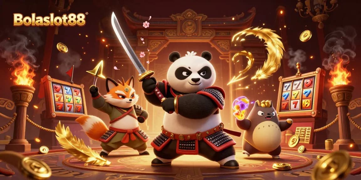 Bolaslot88 brings excitement with 3D samurai panda and ninja fox showcasing dynamic casino elements.