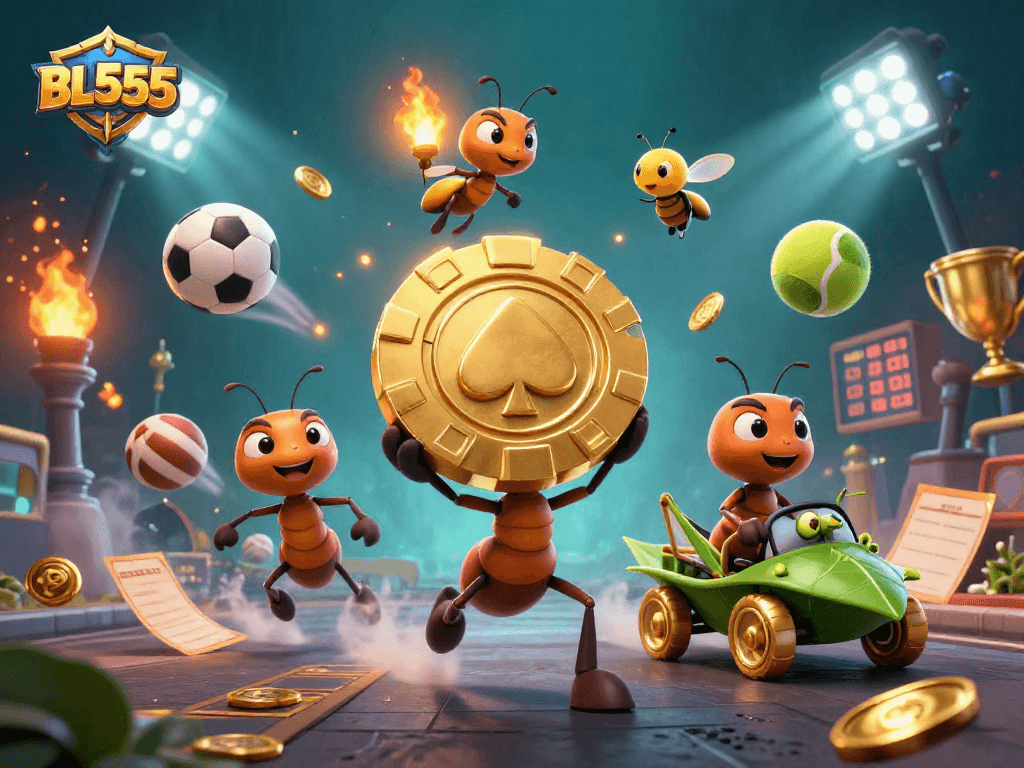 Experience the thrill of gaming at BL555 with whimsical ants and dynamic sports elements.