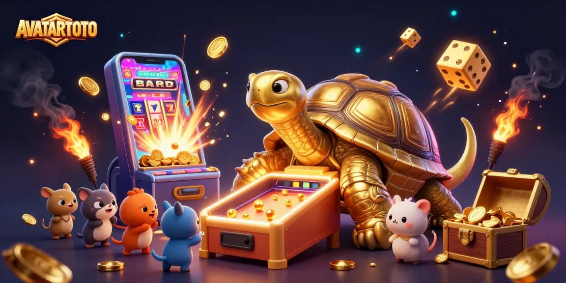 Experience thrill at AVATARTOTO with vibrant 3D illustration showcasing golden tortoise, slot machines, and festive elements.