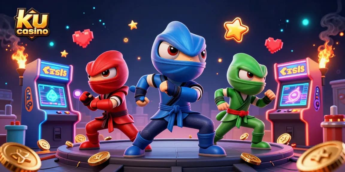 Engage with ku casino's vibrant 3D illustration showcasing ninja chameleons in action.