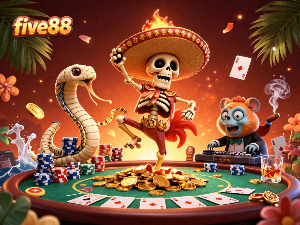 Experience the excitement of five88 with a vibrant scene featuring a mariachi rooster and casino elements.