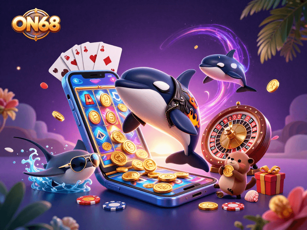 Engage in the exciting world of gaming with ON68, where an orca, stingray, and otters celebrate wins!