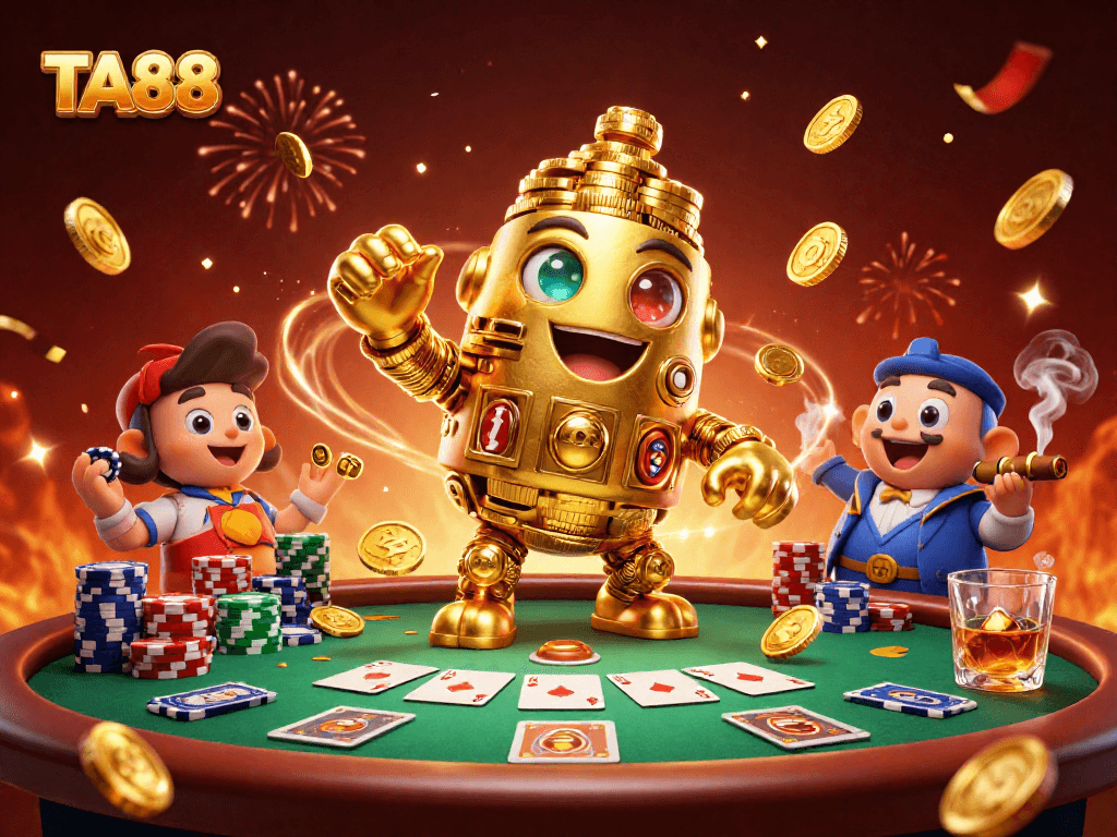 Experience TA88 with thrilling casino gameplay featuring a golden golem and poker elements.