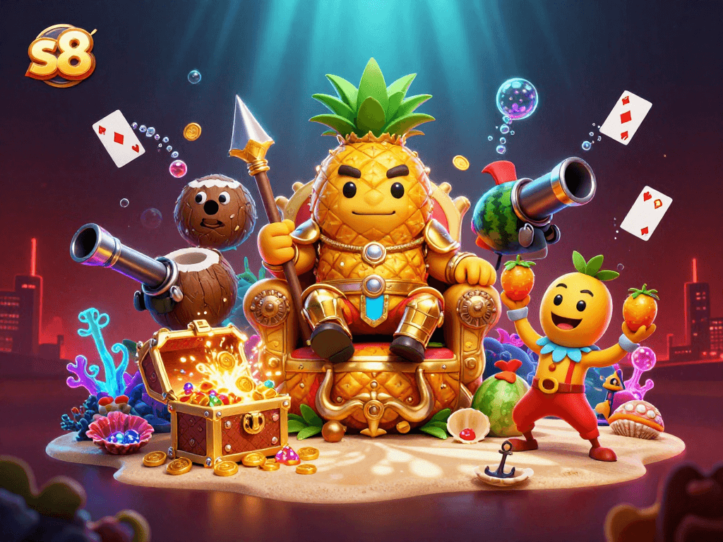 Splash into s8's vibrant casino world with golden characters and dazzling underwater treasures!