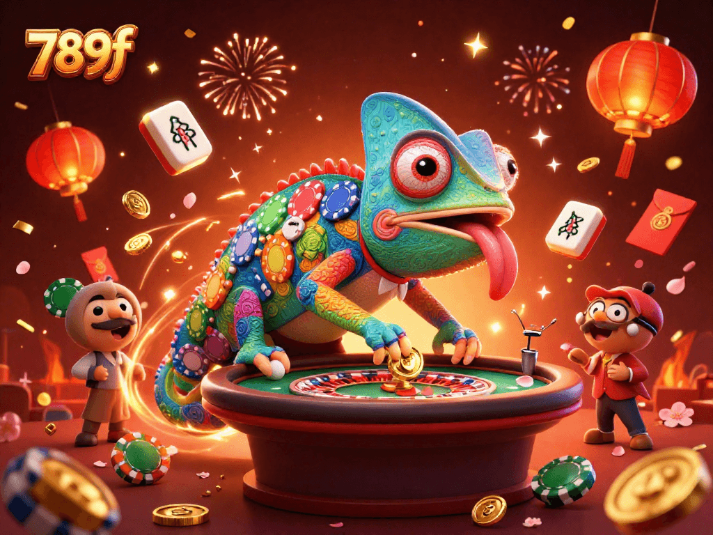 Experience thrilling gameplay at 789f with an energetic chameleon casino owner snapping golden coins.