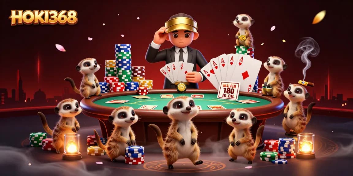 Experience HOKI368's vibrant casino atmosphere with meerkats and engaging gaming elements.