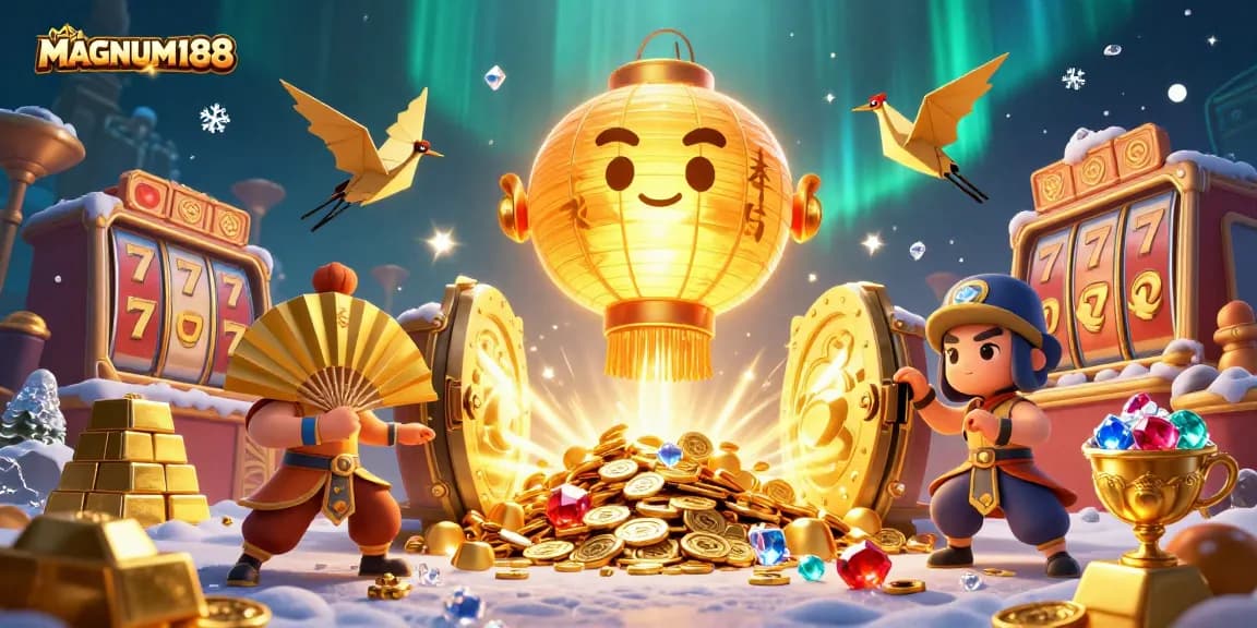 Experience the exhilarating MAGNUM188 online casino with vibrant slot reels and treasure bursts.