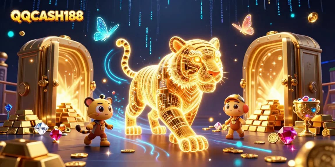 Experience the thrill of QQCASH188 with a vibrant casino landscape featuring a golden tiger and riches.