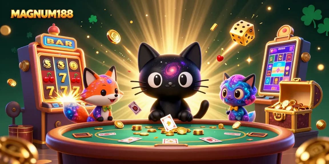 Win big at MAGNUM188 with a dynamic cosmic casino scene featuring vibrant characters and gaming elements.