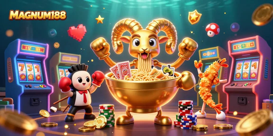 Experience MAGNUM188's online slots with a dynamic 3D illustration showcasing vibrant casino elements.