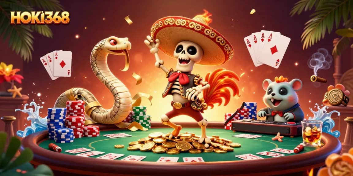 Experience HOKI368's vibrant casino adventures with a skeleton mariachi dancing on coins!