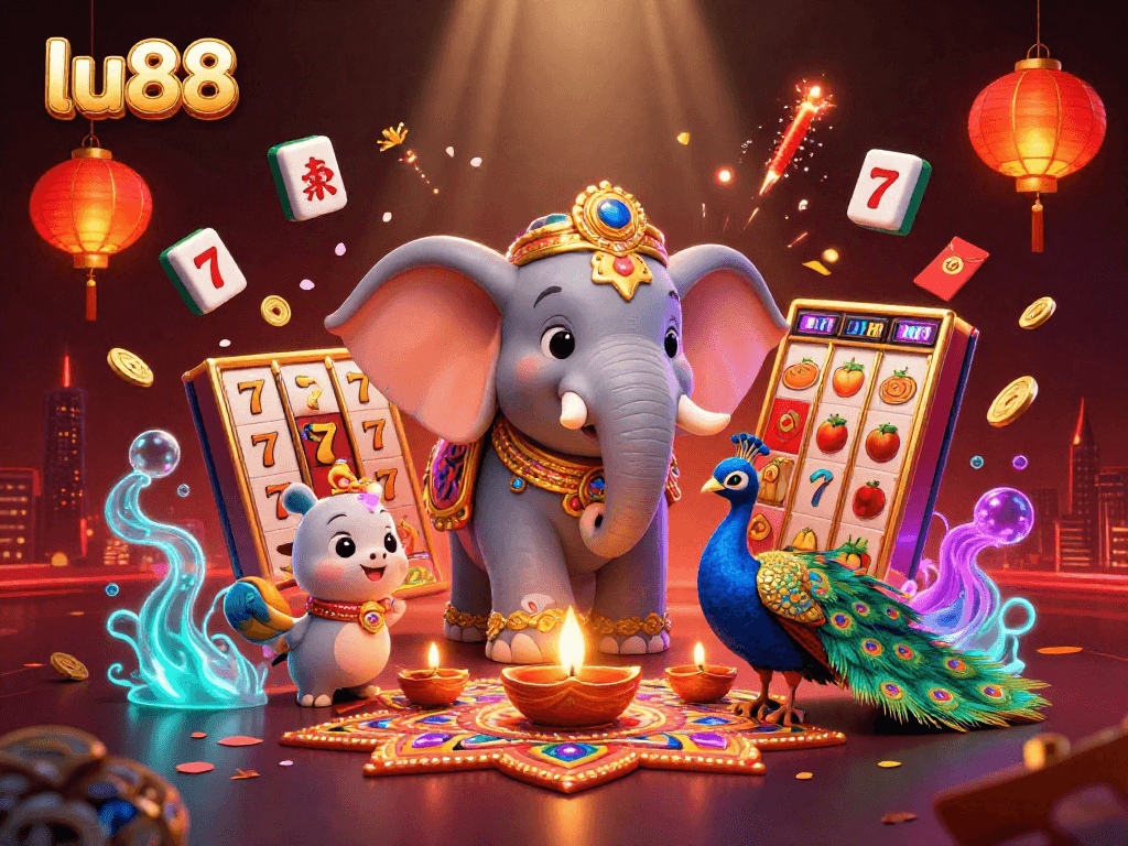 Experience the excitement at lu88 with vibrant slot games and festive symbols in this dynamic casino scene.