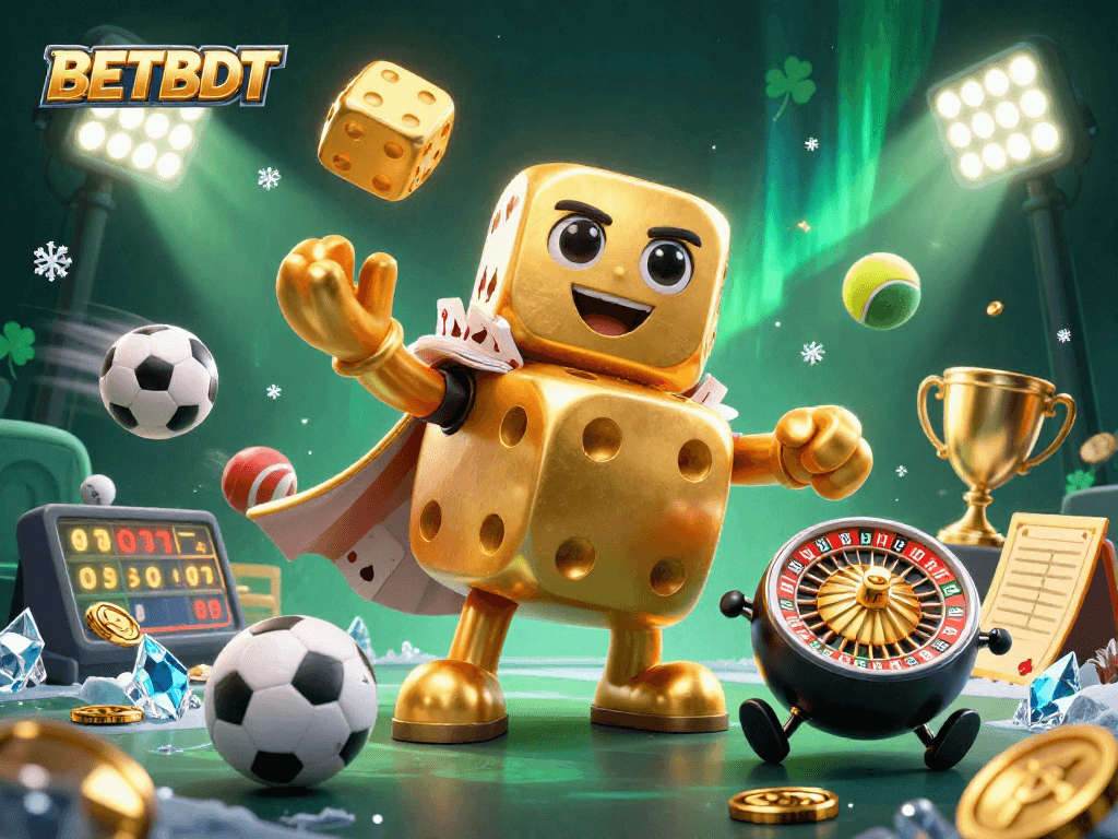 BETBDT features a vibrant 3D casino scene with golden dice, dynamic sports elements, and exciting energy.