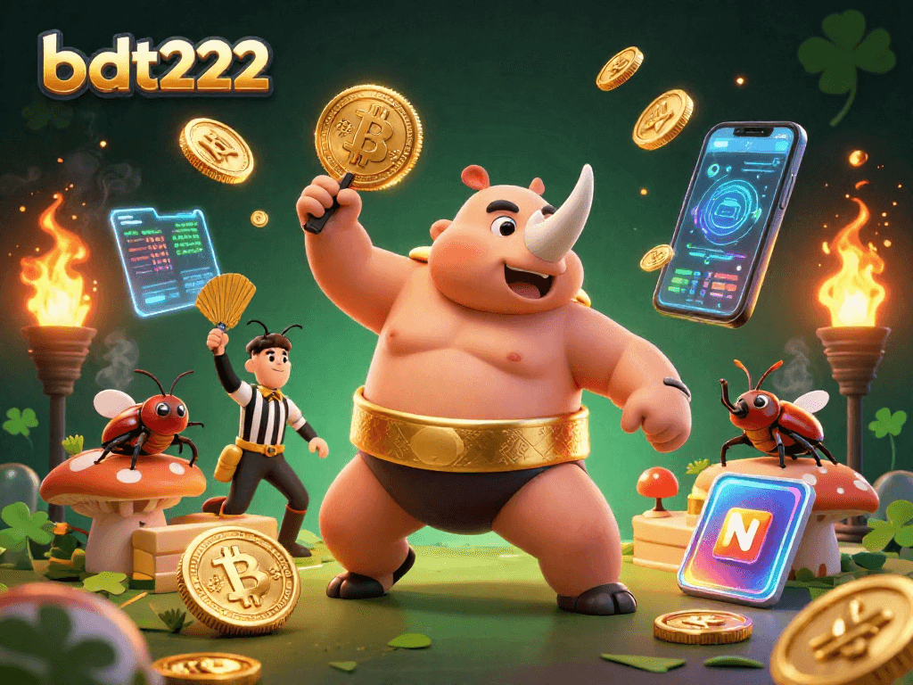 Experience bdt222's dynamic gaming atmosphere with colorful coins and engaging characters.