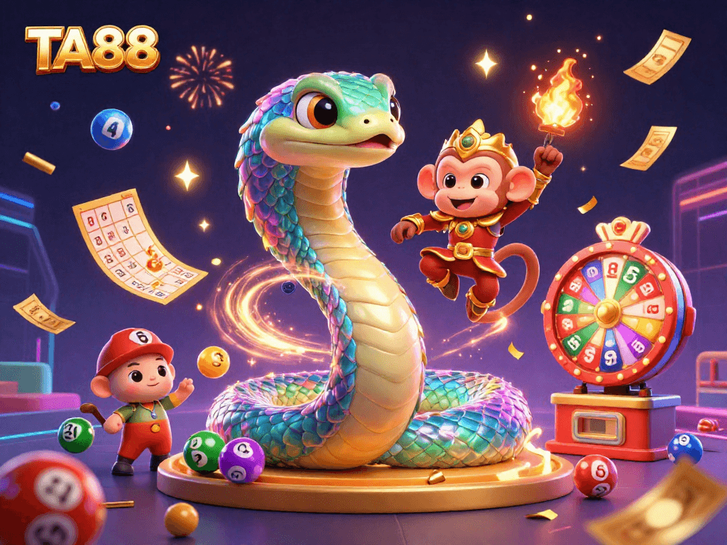 Engage with TA88’s vibrant gaming adventure showcasing colorful lottery and gambling elements.