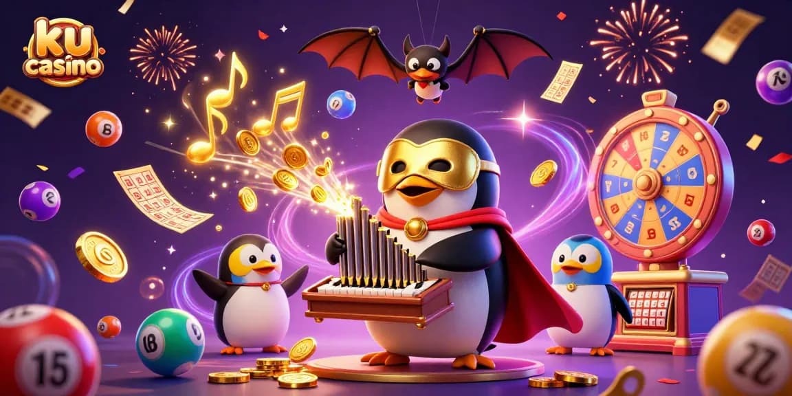 Experience the excitement of ku casino with a whimsical 3D illustration of a penguin playing an organ.
