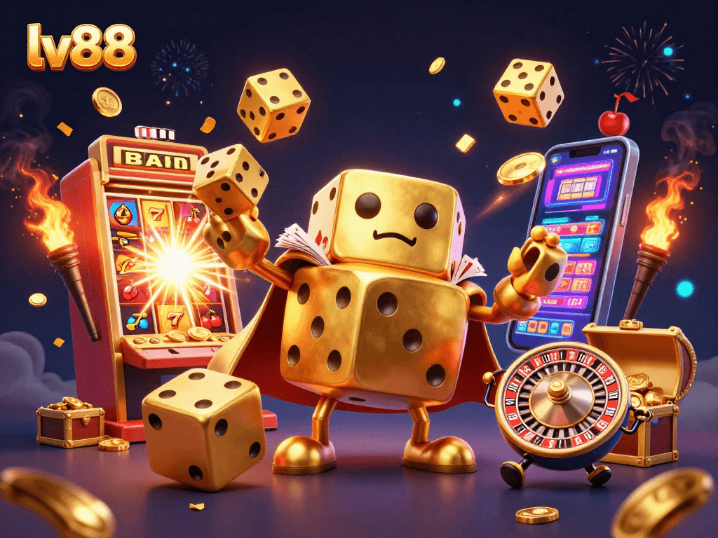 Experience thrilling action with lv88 in this vibrant 3D casino scene featuring dynamic golden dice and jackpots.