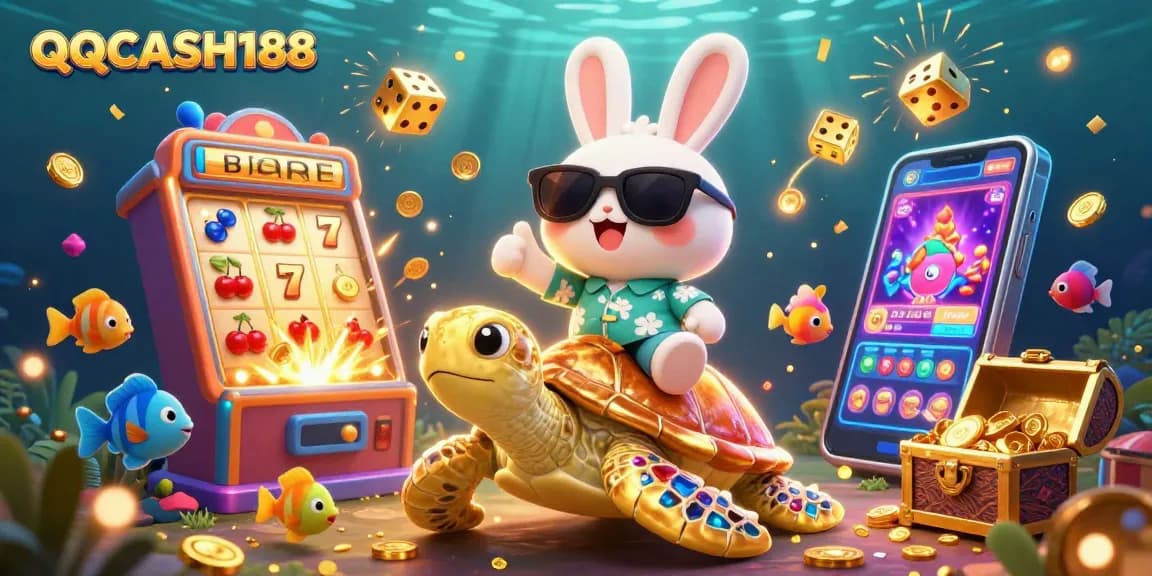 Experience the excitement of QQCASH188 with a lucky rabbit and golden sea turtle in an underwater casino world.