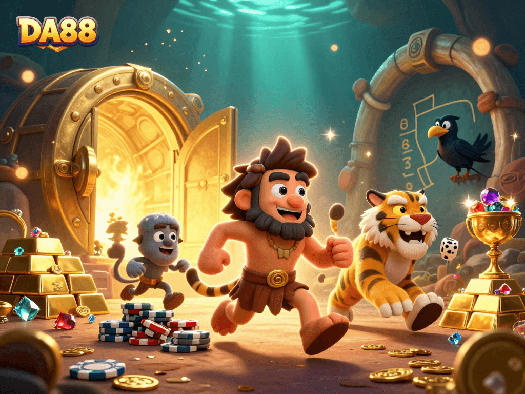 Join the fun with DA88 at the prehistoric casino featuring a caveman and sabertooth duo!