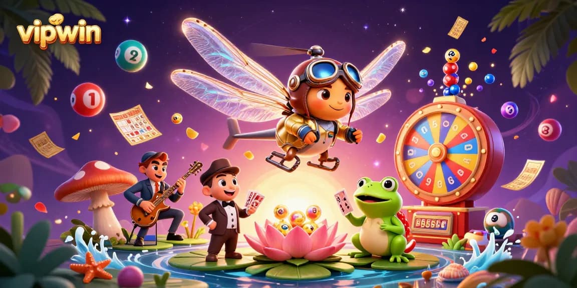Join the excitement at vipwin with a vibrant gaming scene featuring a dragonfly pilot and frog croupier.