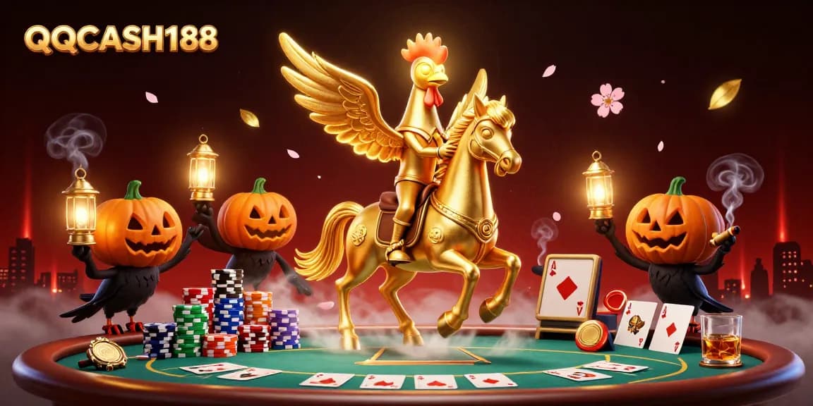 Engage with QQCASH188 as a golden rooster and friends take over the casino scene, showcasing vibrant gaming elements.