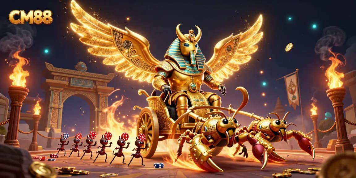 Experience CM88's vibrant casino world with golden scarabs, scorpions, and poker chips.