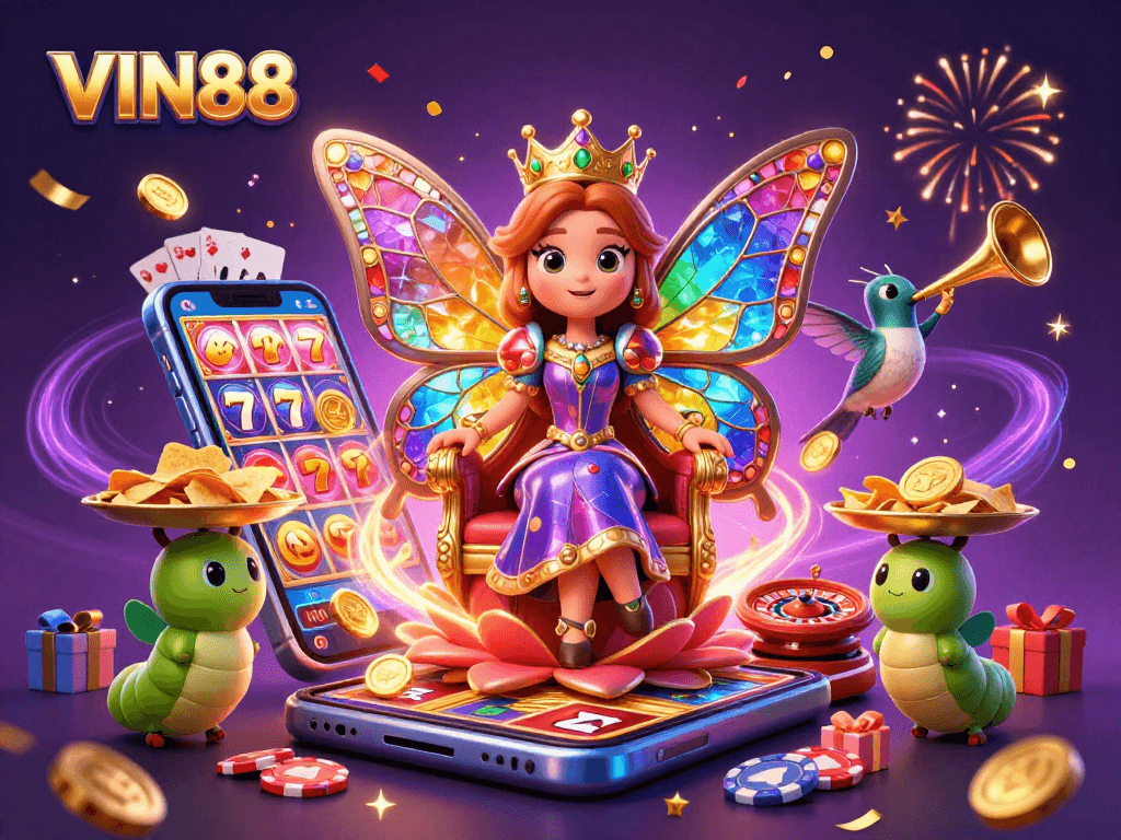Experience vibrant gaming with VIN88, featuring a butterfly queen and dynamic casino elements.