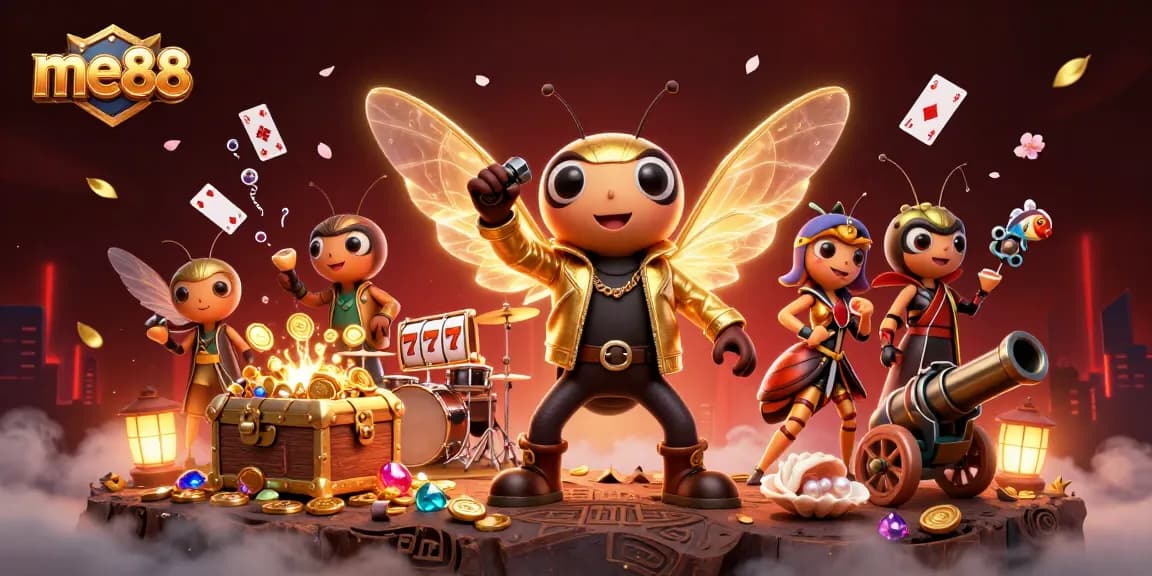 me88 energizes players with vibrant gaming scenes and rich casino elements in an exciting 3D illustration.