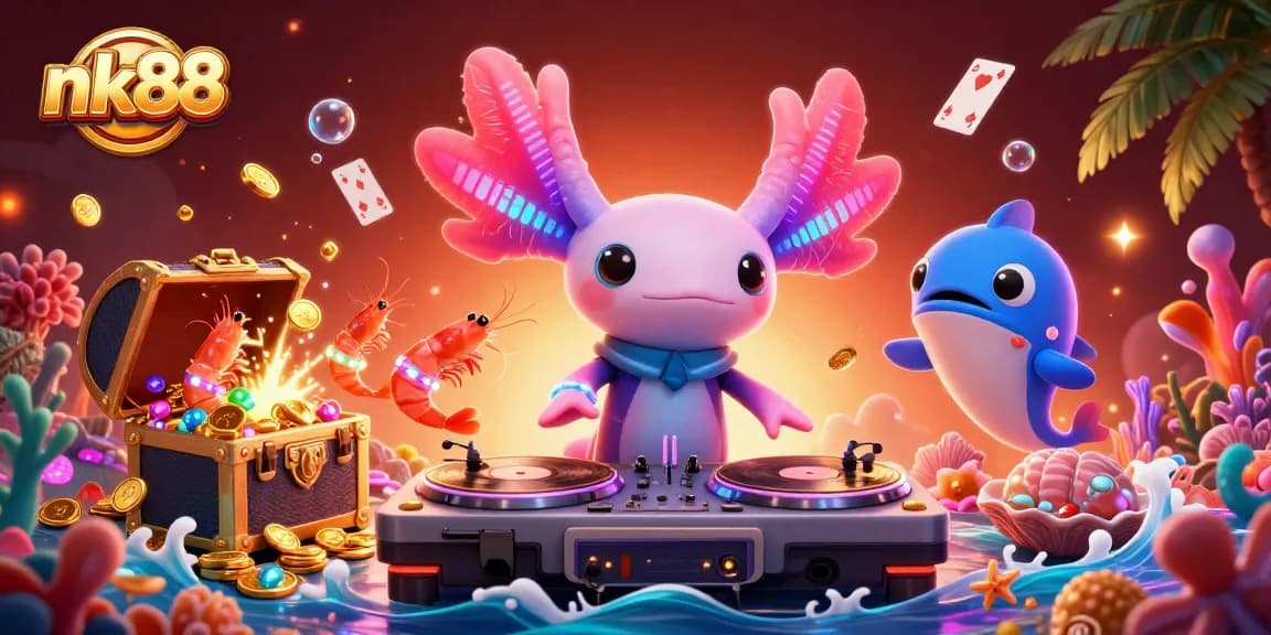 Join the vibrant nk88 underwater party with neon characters celebrating gambling excitement!