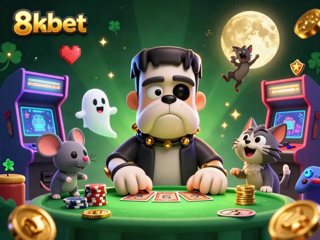 Play thrilling card games with 8xbet in a vibrant 3D casino scene featuring a unique bulldog dealer.