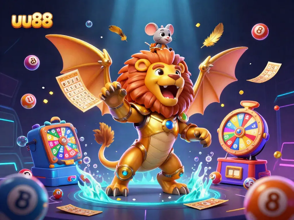 uu88's triumphant chimera showcases vibrant lottery elements and golden effects in an engaging gaming scene.