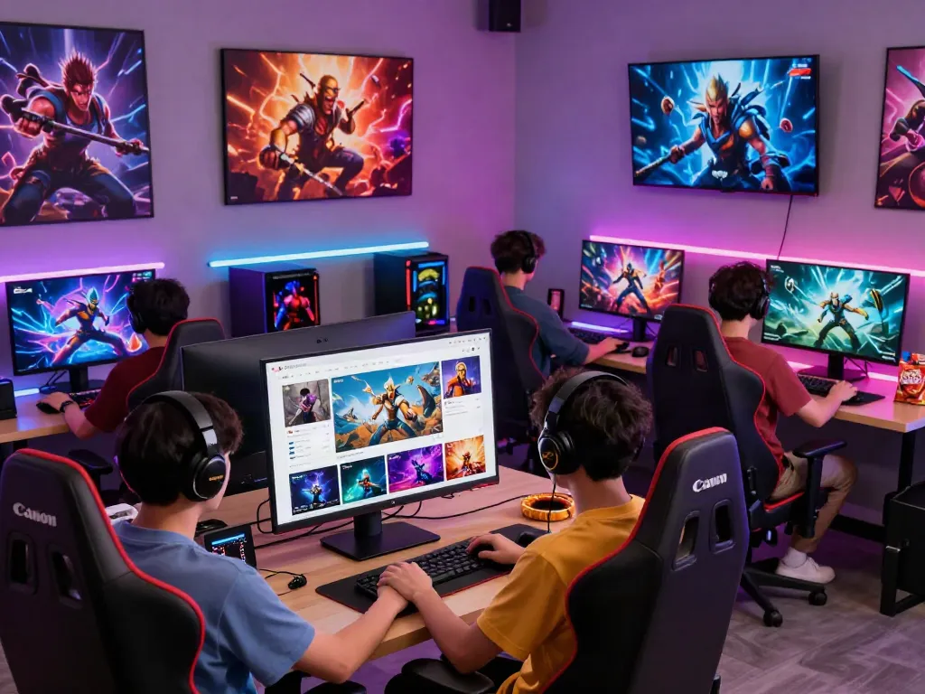 warung168 digital gaming store scene with diverse gamers enjoying a vibrant gaming environment, showcasing interactivity and community.