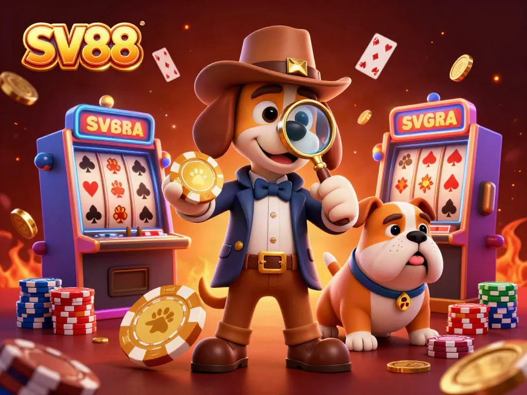 Engage in thrilling gameplay at SV88 with an animated casino scene featuring characters and poker elements.