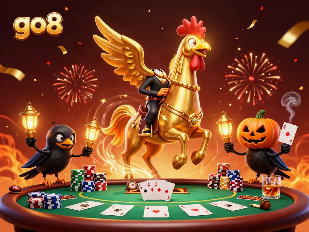 Engage in thrilling poker at go8-themed midnight casino illustration featuring unique characters and game elements.