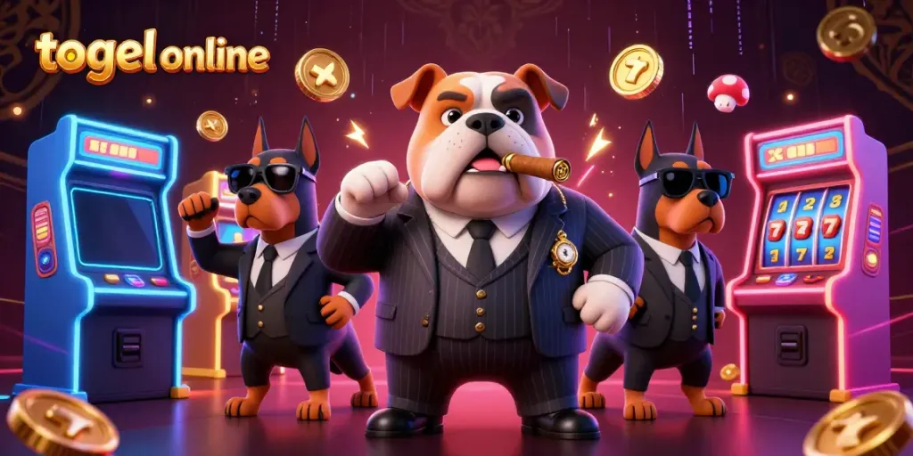 Ilustrasi kasino online togel dengan karakter mafia dan bodyguard, dikelilingi mesin slot