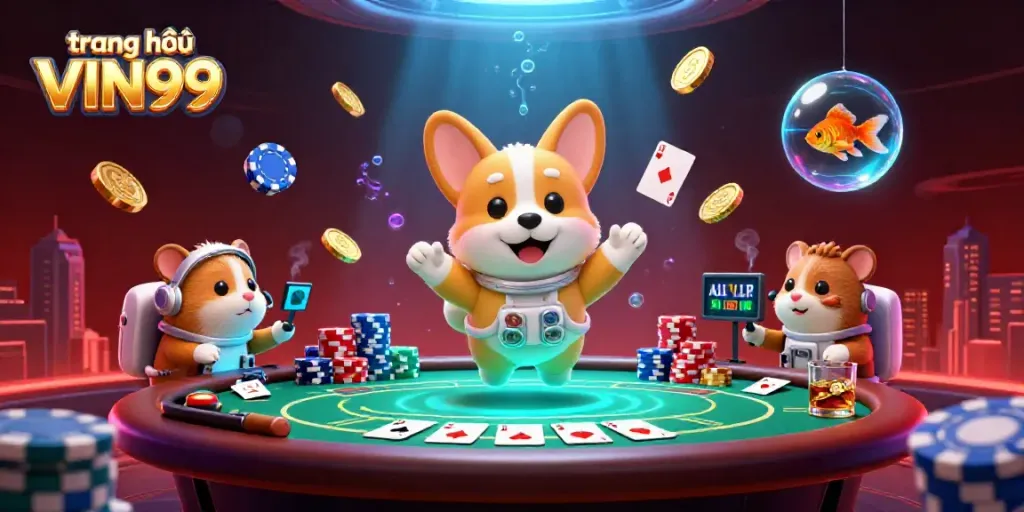 Engaging 3D casino scene featuring a floating corgi and vibrant gaming elements; trang chủ VIN99 theme.