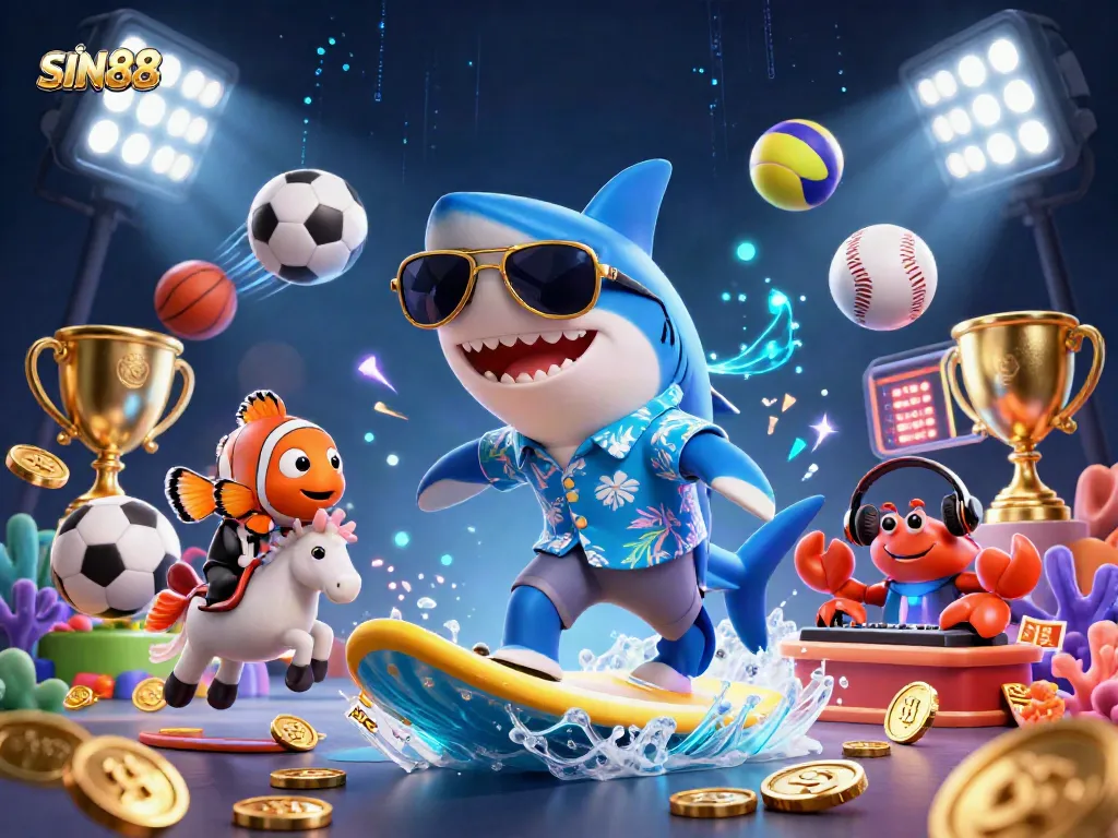 SIN88 showcases a vibrant scene of a hammer-head shark and friends celebrating the thrill of gaming and sports betting.