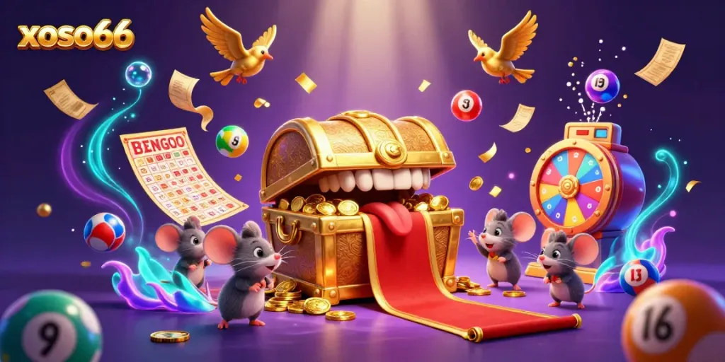 Engage with the thrilling xoso66 lottery experience amidst a vibrant treasure scene.