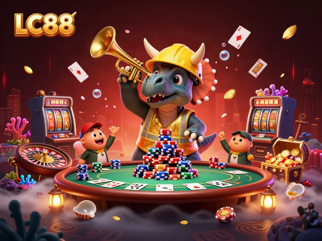 Celebrate with LC88 as a triceratops builds poker chip pyramids amid vibrant games.