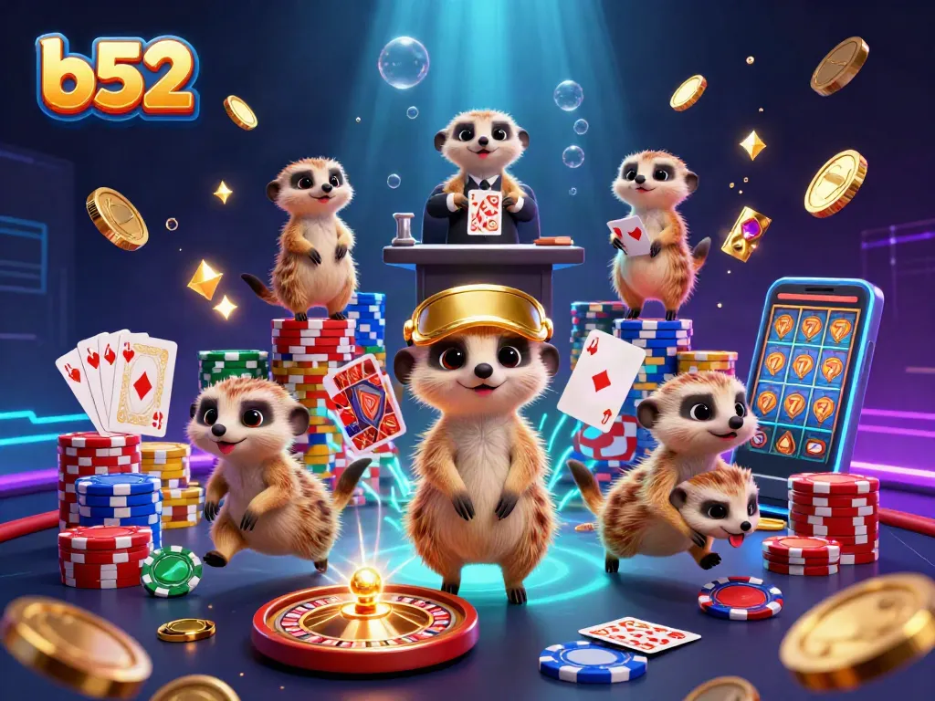 Bet big at b52 casino with meerkats running dynamic games and stacks of colorful chips.