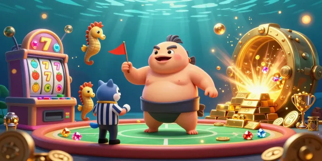 Engage with lc88's dynamic underwater casino scene, featuring exciting slot elements and vibrant characters.