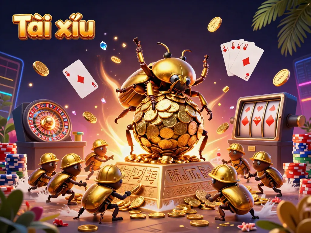 Experience Tài xỉu excitement as golden beetles roll coins, set in a dynamic casino scene.