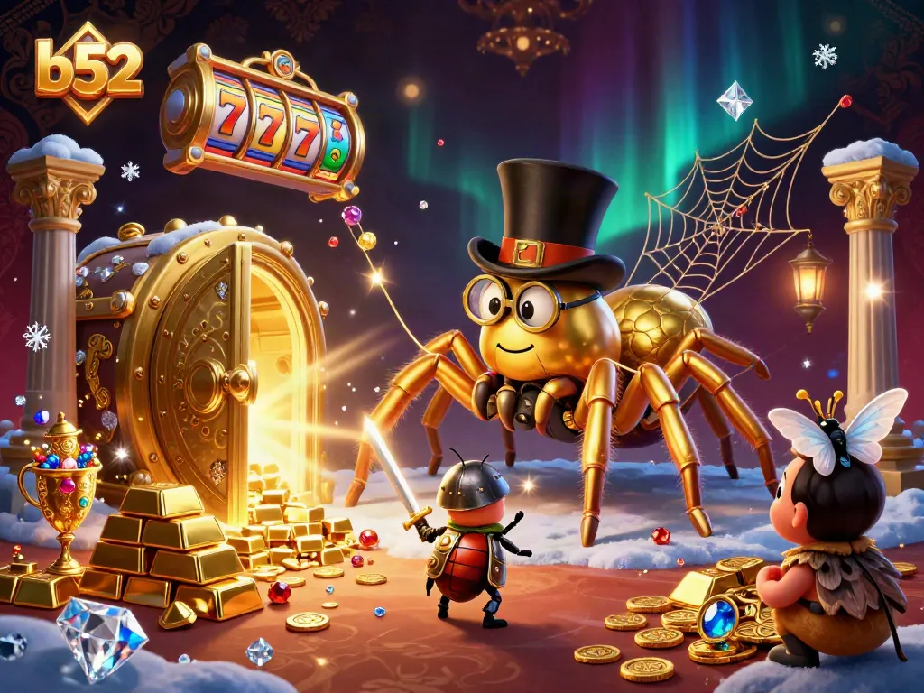 Bettors engage with the dynamic b52 casino experience surrounded by golden treasures and vibrant slot reels.