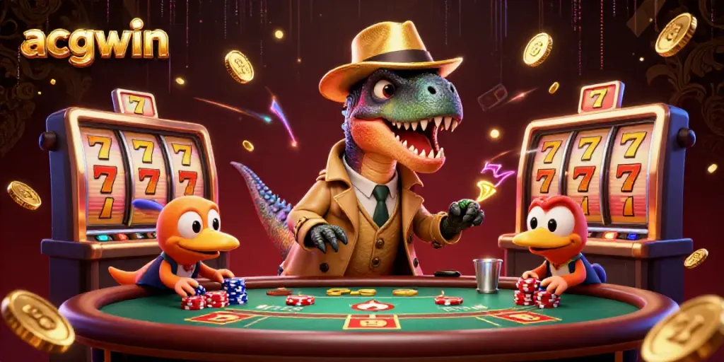 Experience acgwin like never before with a vibrant 3D casino scene featuring a velociraptor card counter and thrilling slot elements.