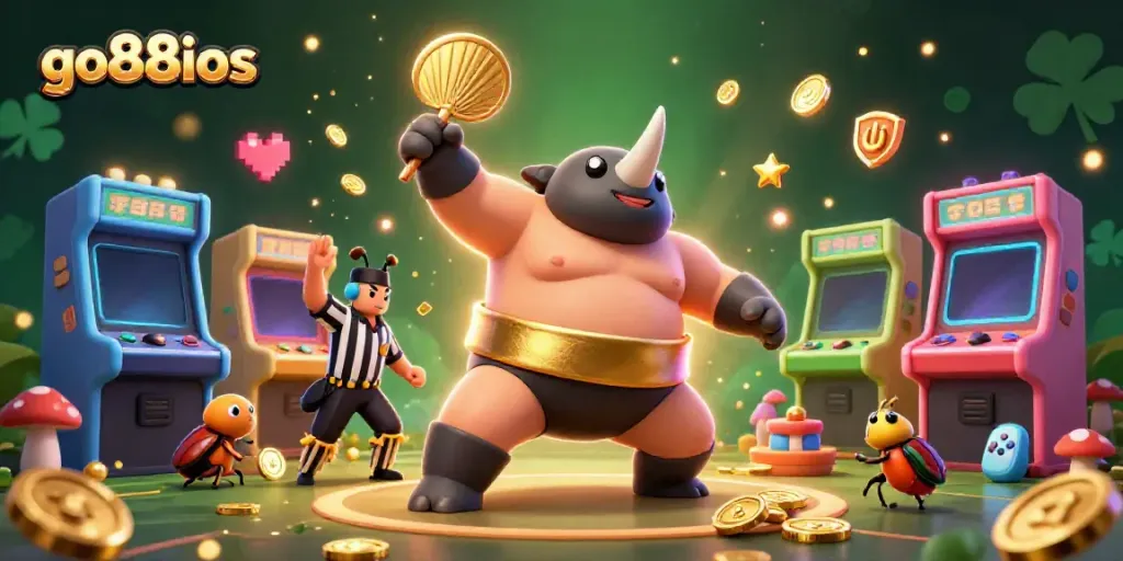 Experience the thrill of go88ios with a vibrant 3D casino scene featuring a beetle sumo champion.