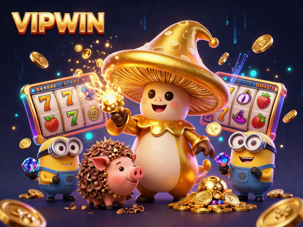 Experience the magic of VIPWIN with a golden wizard, treasure-hunting pig, and vibrant slot elements in a colorful, dynamic scene.